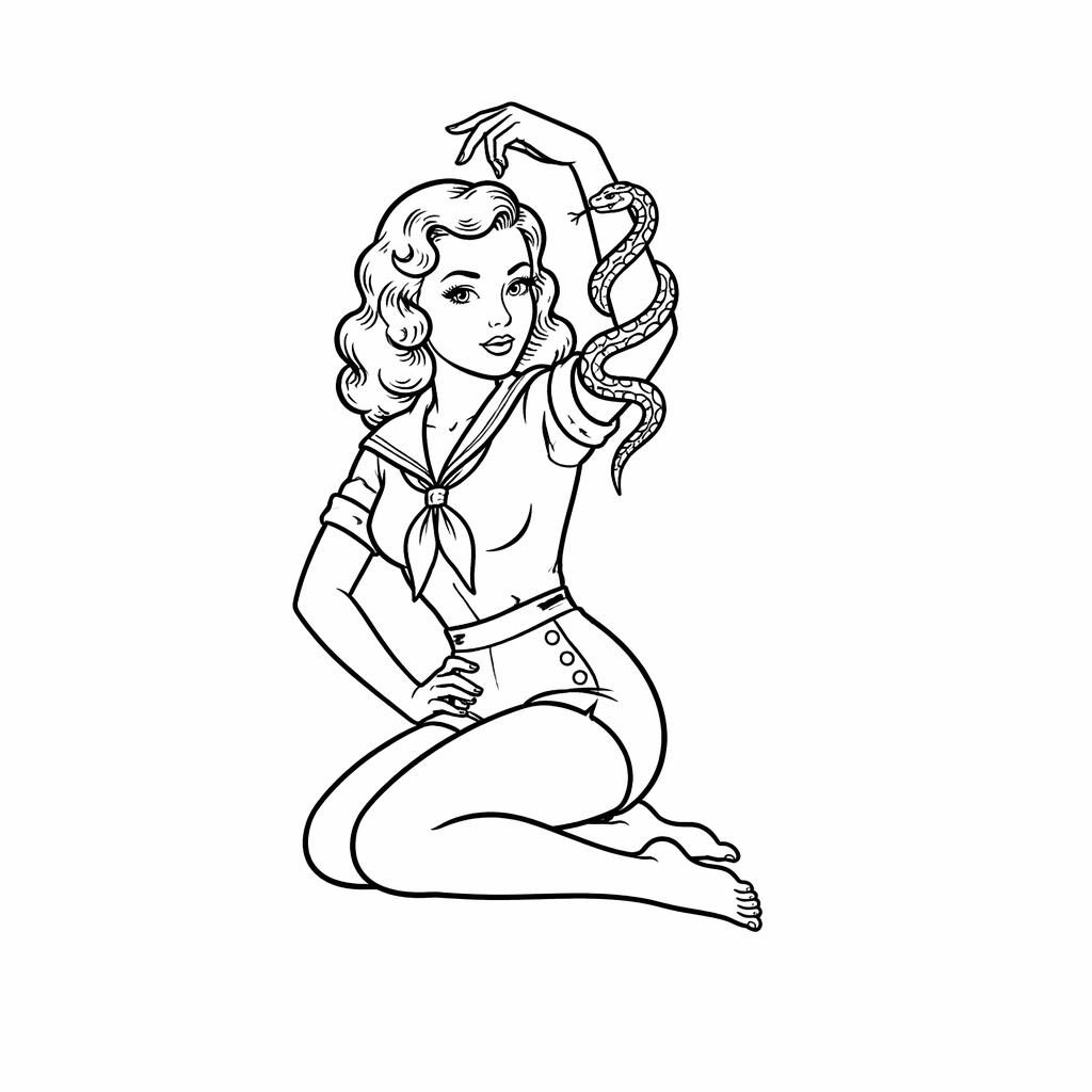 Minimal fineline tattoo flash on white paper showing a sailor jerry pinup with a snake wrapped around the arm.