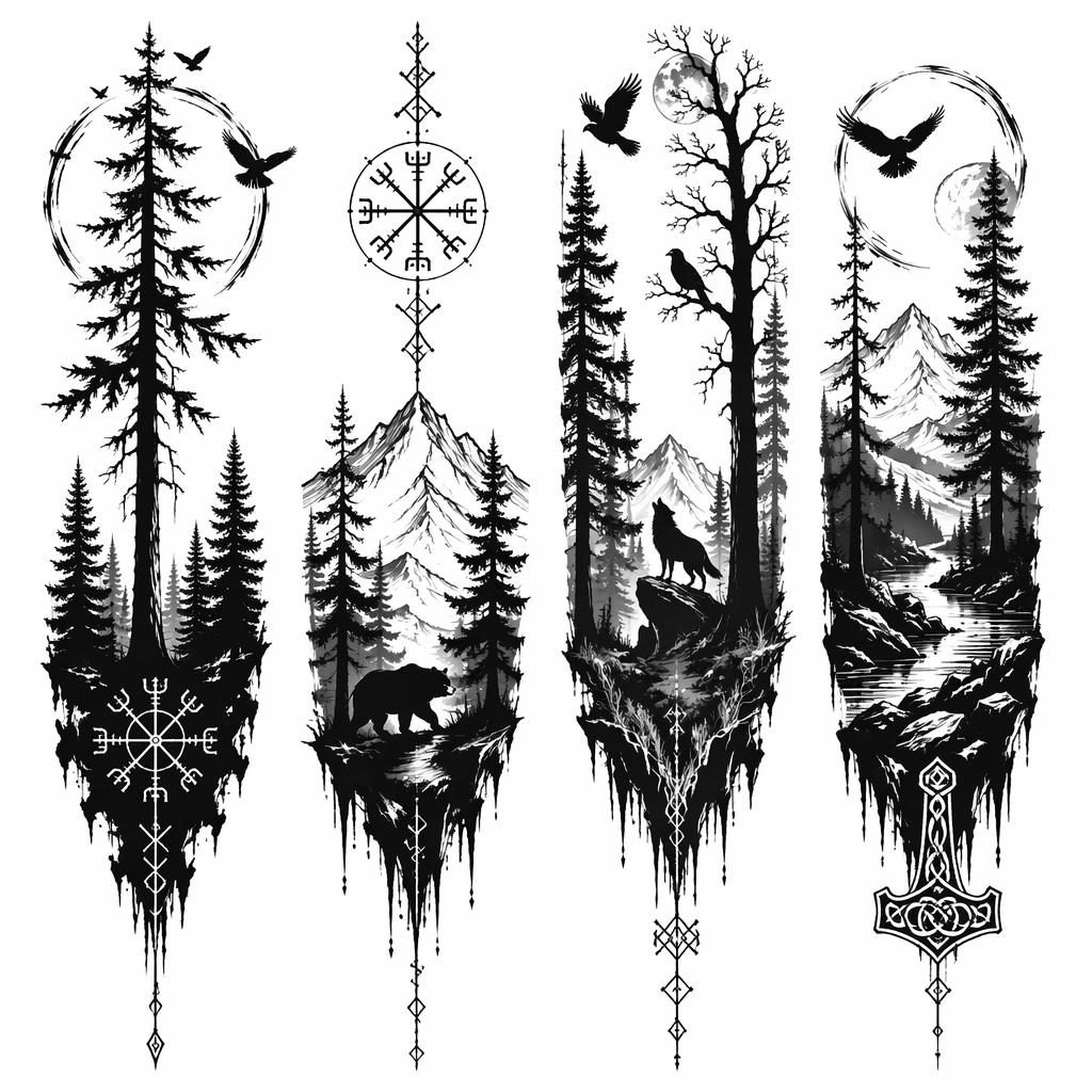 Schwarzweiße Tattoo-Vorlage auf weißem Papier mit schwarzer Waldsilhouette in klarer Linework und hohem Kontrast