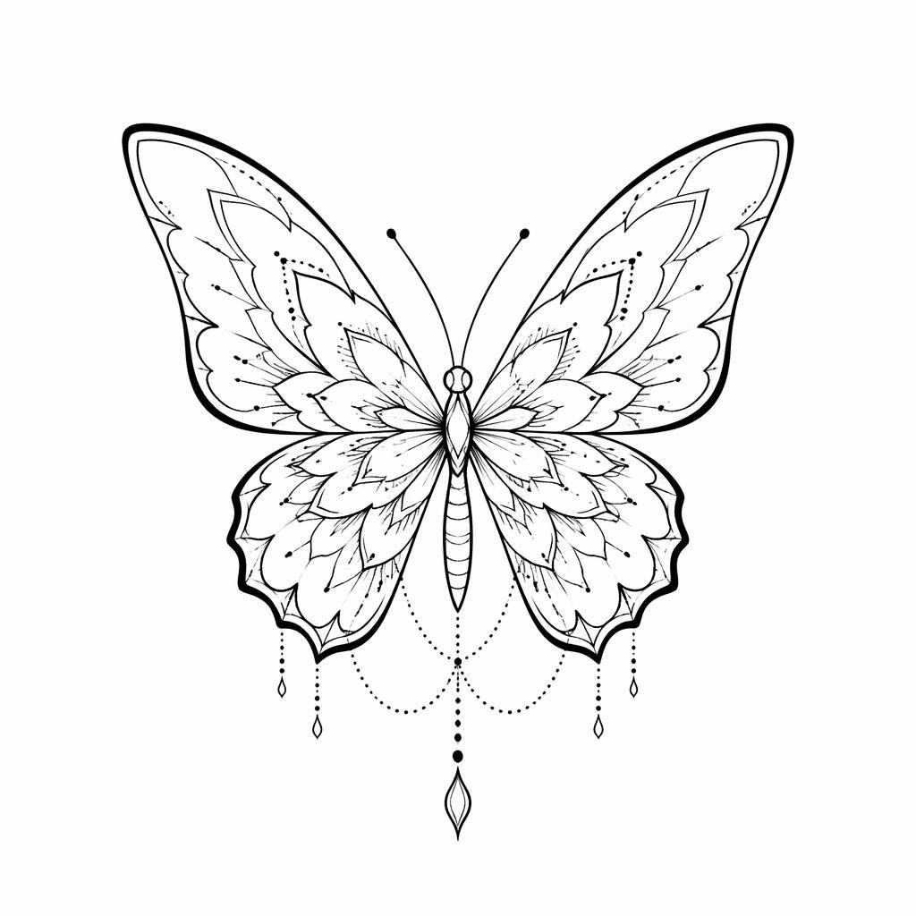 Diseño de tatuaje de mariposa minimalista fineline en blackwork sobre papel blanco, líneas nítidas y alto contraste.