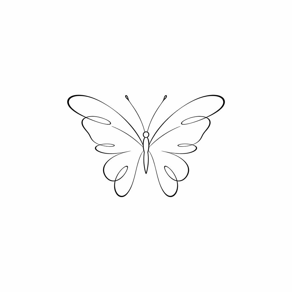 Minimalist fineline butterfly tattoo flash drawn on white paper with sharp black lines and no shading.