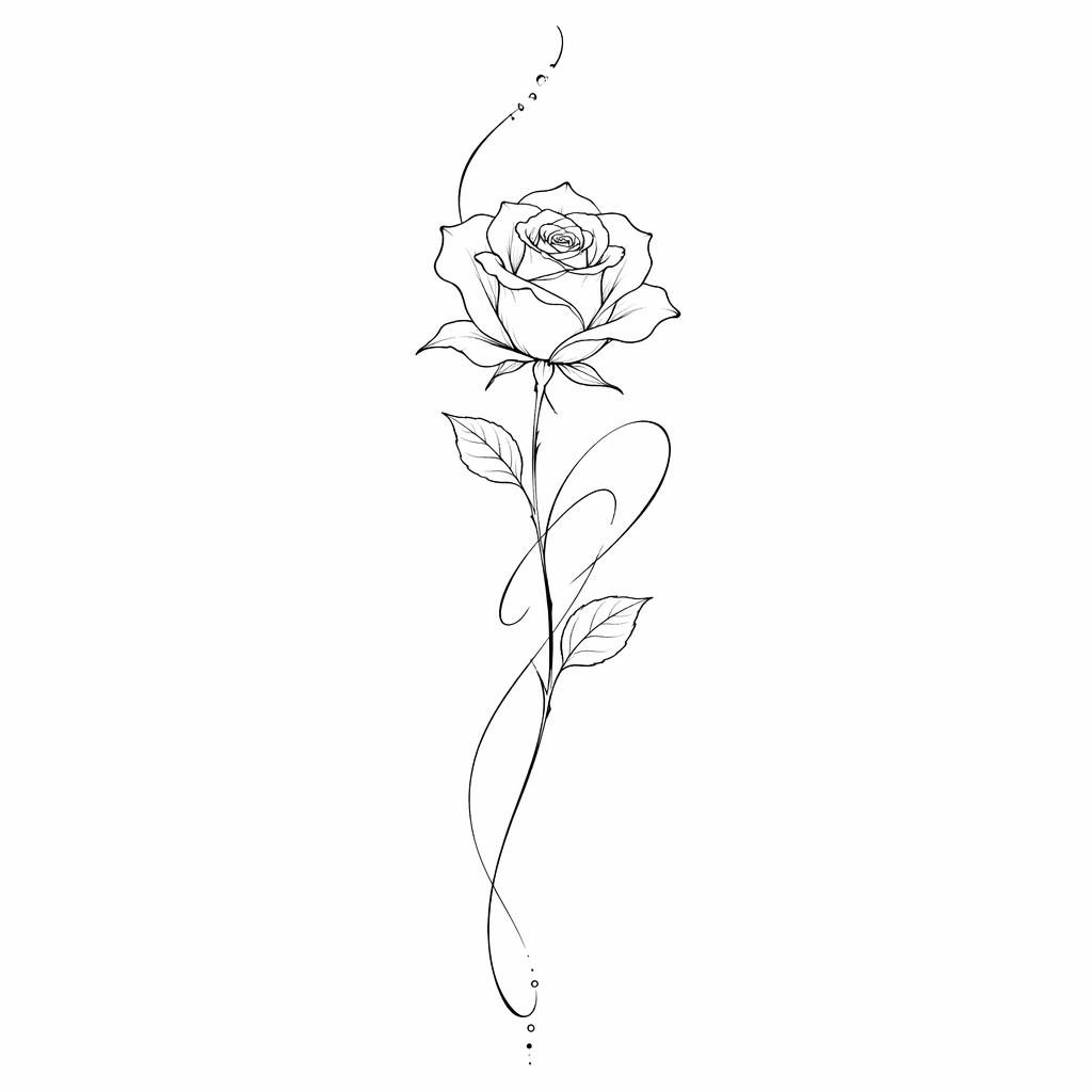 Dessin de tatouage sur fond blanc représentant une rose minimaliste fineline aux lignes nettes, style flash-sheet.