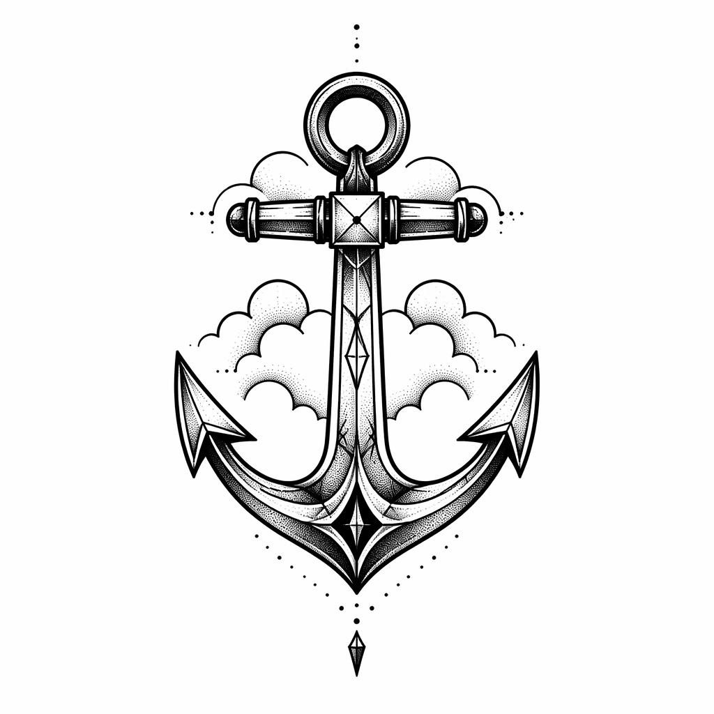 Geometrischer Anker als Tattoo-Entwurf auf weißem Papier, klare Linien, Dotwork-Stil, Flash-Sheet-Look.