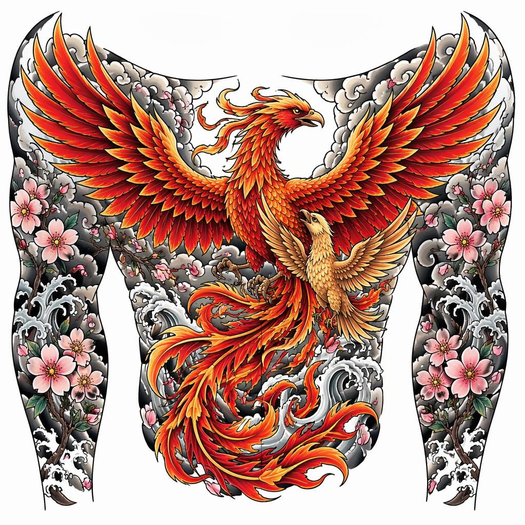 Tattoo design concept on white paper: phoenix rising chest piece. Style: japanese irezumi. Intended for full sleeve, ful