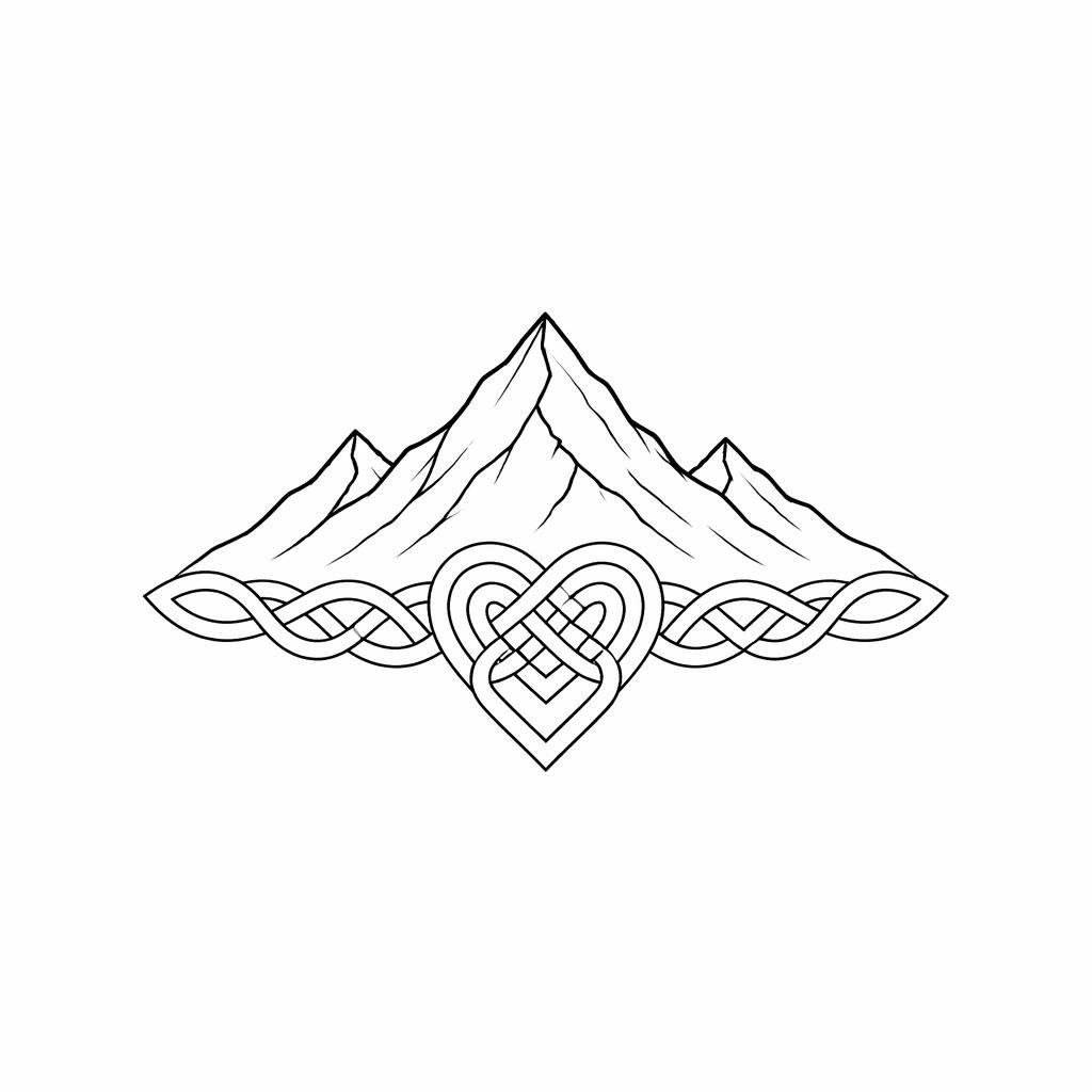Minimalist fineline mountain tattoo flash design on white paper with sharp black lines and clean white background.
