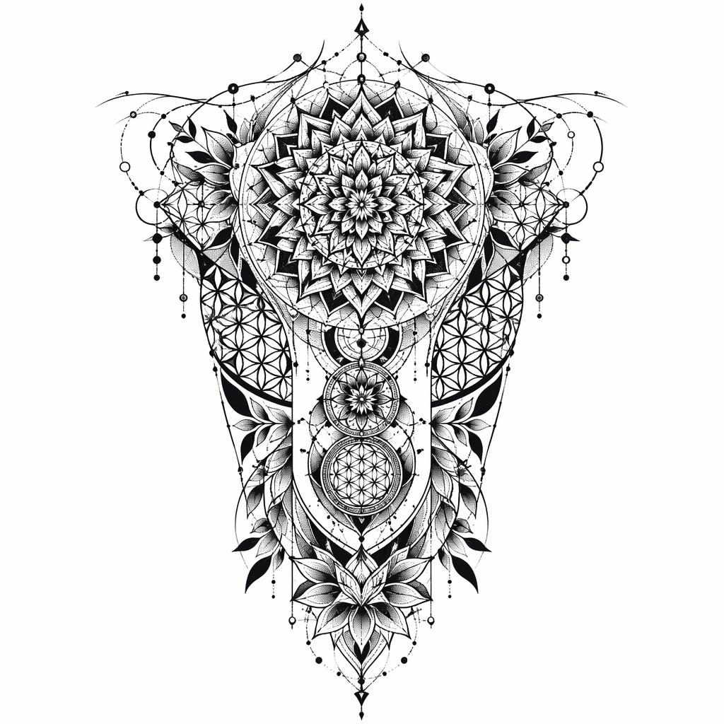 Schwarz-weißes Mandala-Tattoo-Design auf weißem Papier, geometrisch und in Dotwork, als saubere Flashsheet-Zeichnung.