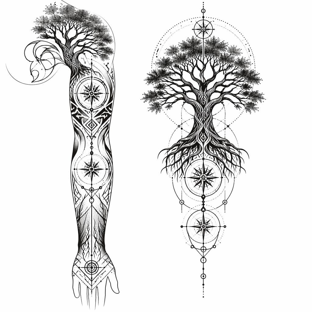 Diseño de tatuaje en papel blanco con árbol blackwork dotwork tribal, líneas negras nítidas y alto contraste.