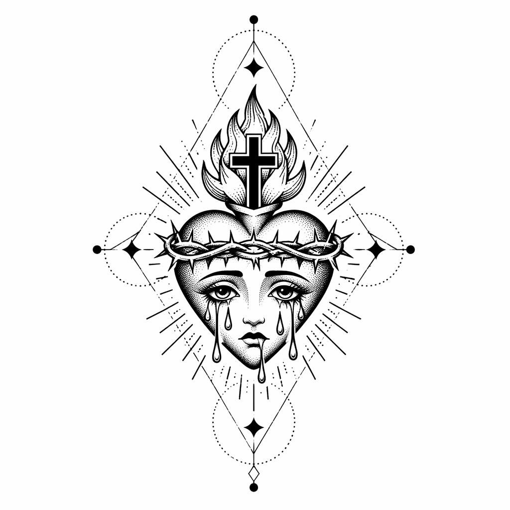 Tattoo-Entwurf auf weißem Papier: traditionelles weinendes Herz in geometrischem Dotwork mit klaren Linien.