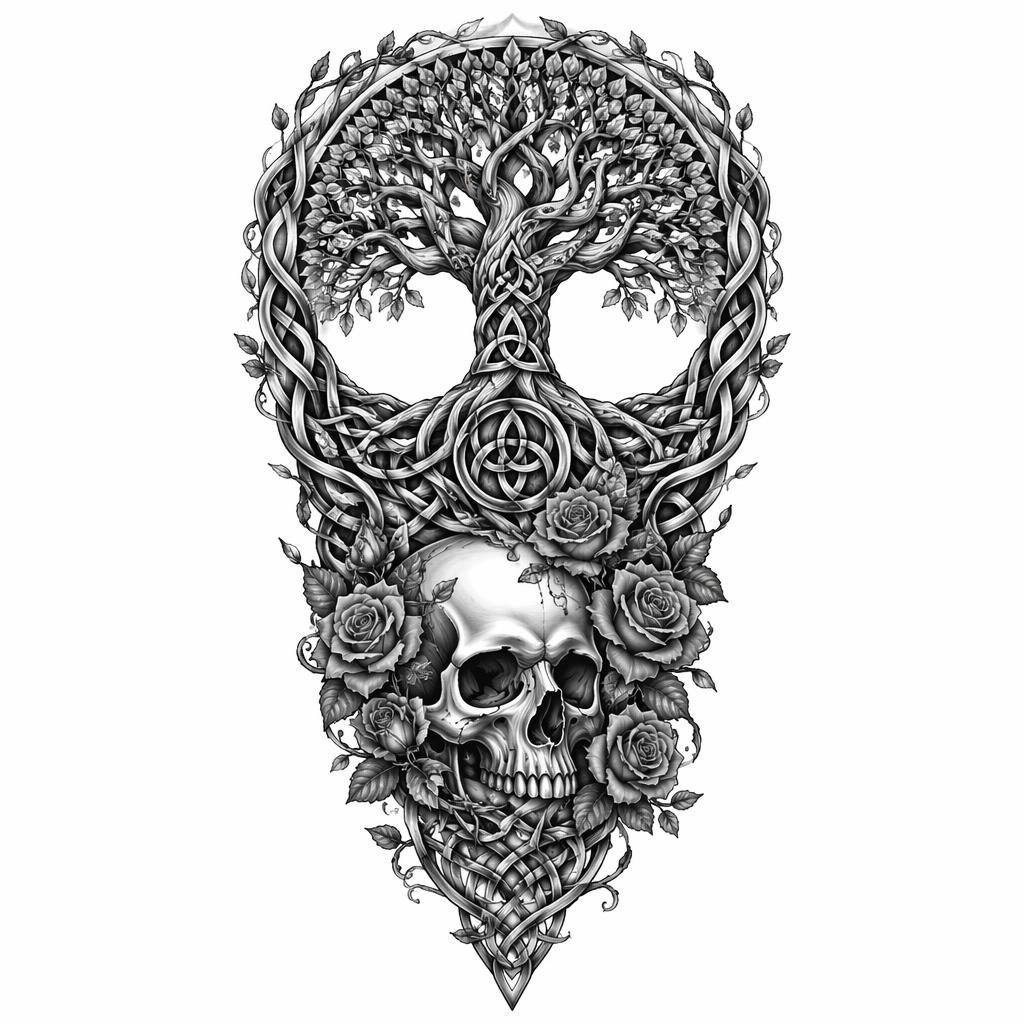 Tattoo-Entwurf auf weißem Papier: keltischer Lebensbaum in Rückenansicht, klare Linien, hoher Kontrast, Flash-Sheet-Stil.