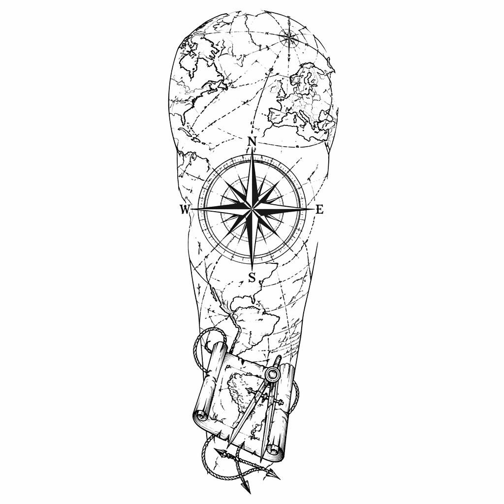 Tattoo-Design auf weißem Papier mit Kompass und Karte, klare Linien, Flash-Sheet-Stil, hohe Kontraste.