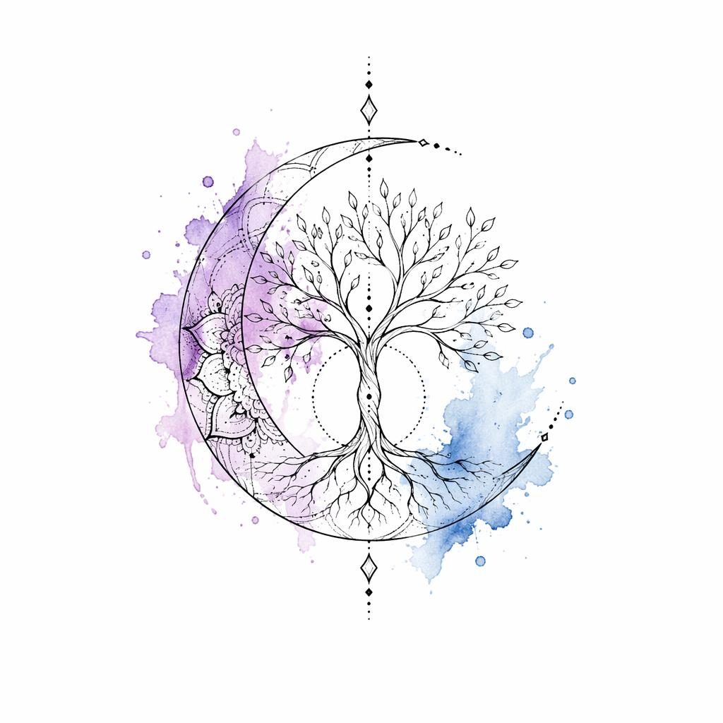 Concept de tatouage sur papier blanc : lune croissante minimaliste en fineline avec éclaboussures aquarelle