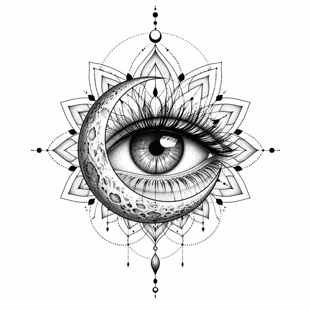 Diseño de tatuaje en papel blanco con ojo realista macro, detalles geométricos y dotwork, estilo flash limpio.
