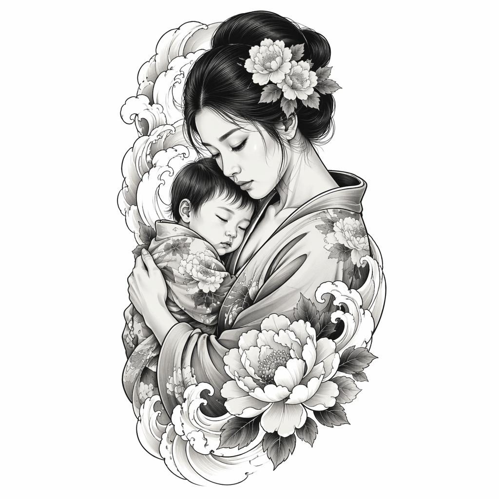 Mother and child realism tattoo design on white paper in Japanese irezumi style, clean high-contrast flash-sheet linework
