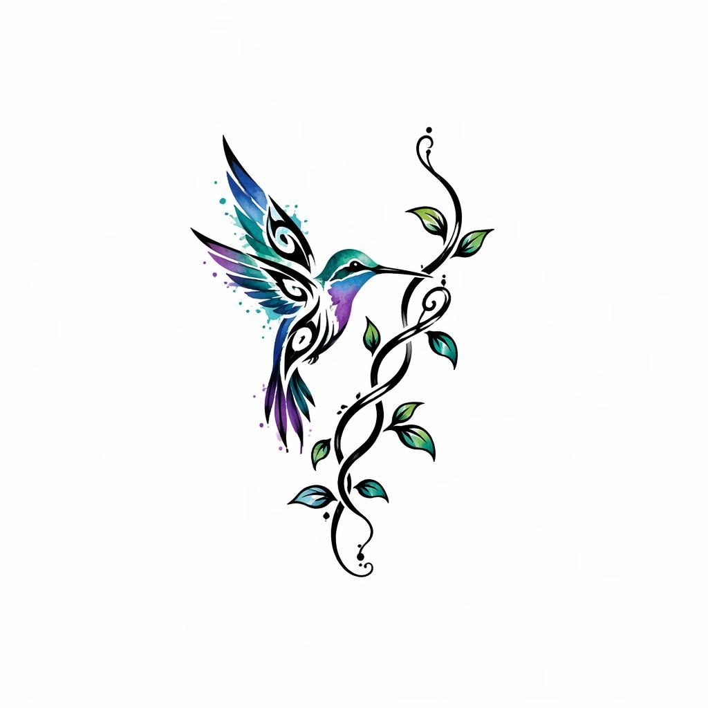 Diseño de tatuaje en papel blanco con colibrí de acuarela tribal, líneas nítidas y estilo flash para antebrazo