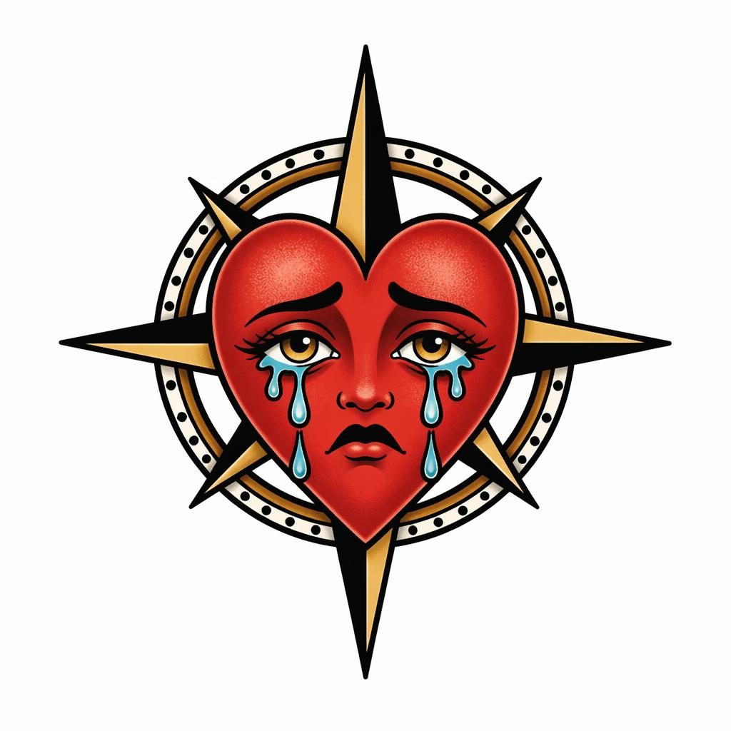 Neo-traditionelles Crying-Heart-Tattoo als Flash-Sheet-Zeichnung auf weißem Papier, mit klaren Linien und hohem Kontrast.