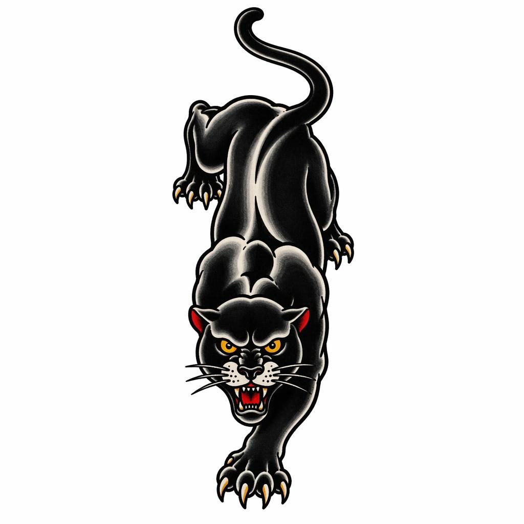 Traditionelles Panther-Crawl-Tattoo-Design auf weißem Papier, klare Linien, hoher Kontrast, Flashsheet-Stil.