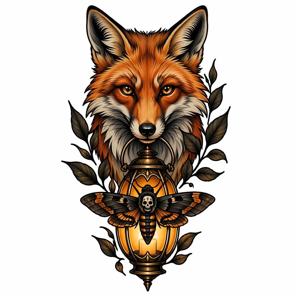 Tattoo flash design on white paper showing a neo traditional fox lantern in sharp black lines, high contrast.