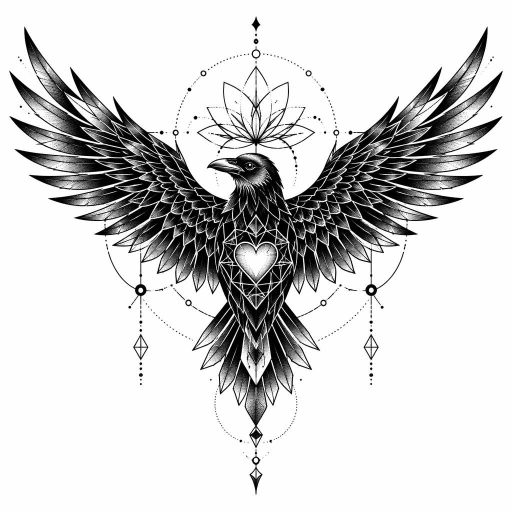Blackwork raven tattoo design on white paper with spread wings, geometric dotwork style, clean flash-sheet lines