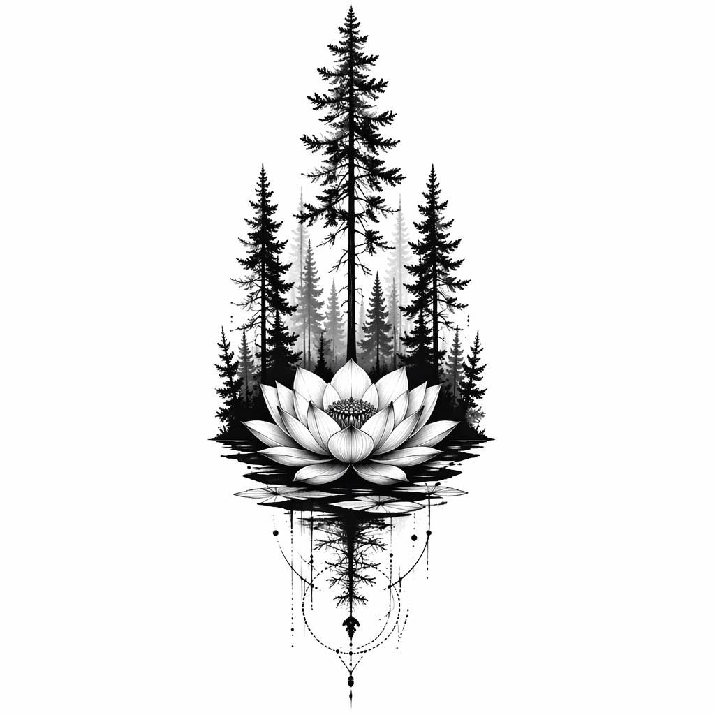 Concept de tatouage noir sur papier blanc, silhouette de forêt en blackwork, lignes nettes, contraste fort.