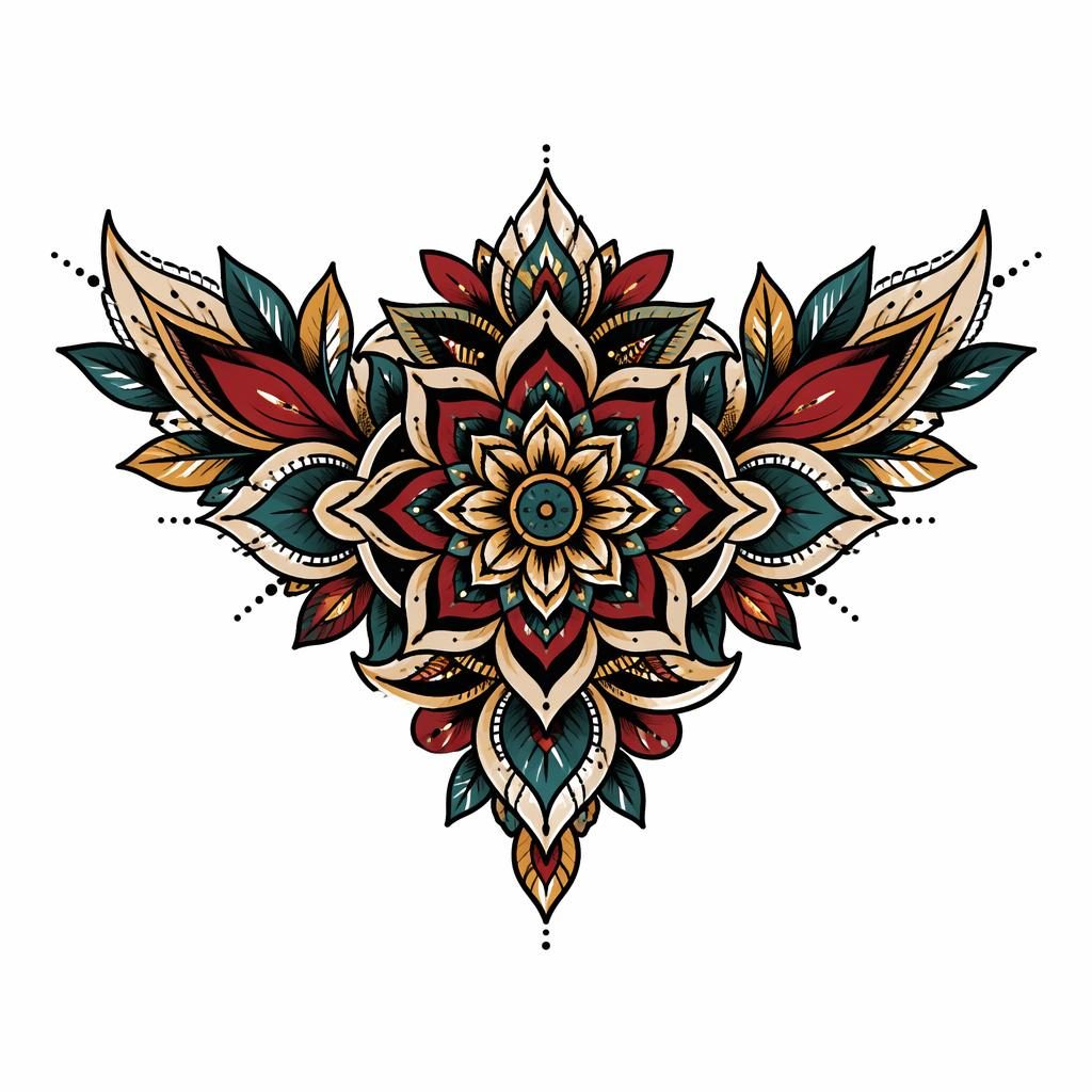 Neo-traditional mandala chest piece tattoo design on white paper, clean flash-sheet illustration with sharp high-contrast lines.
