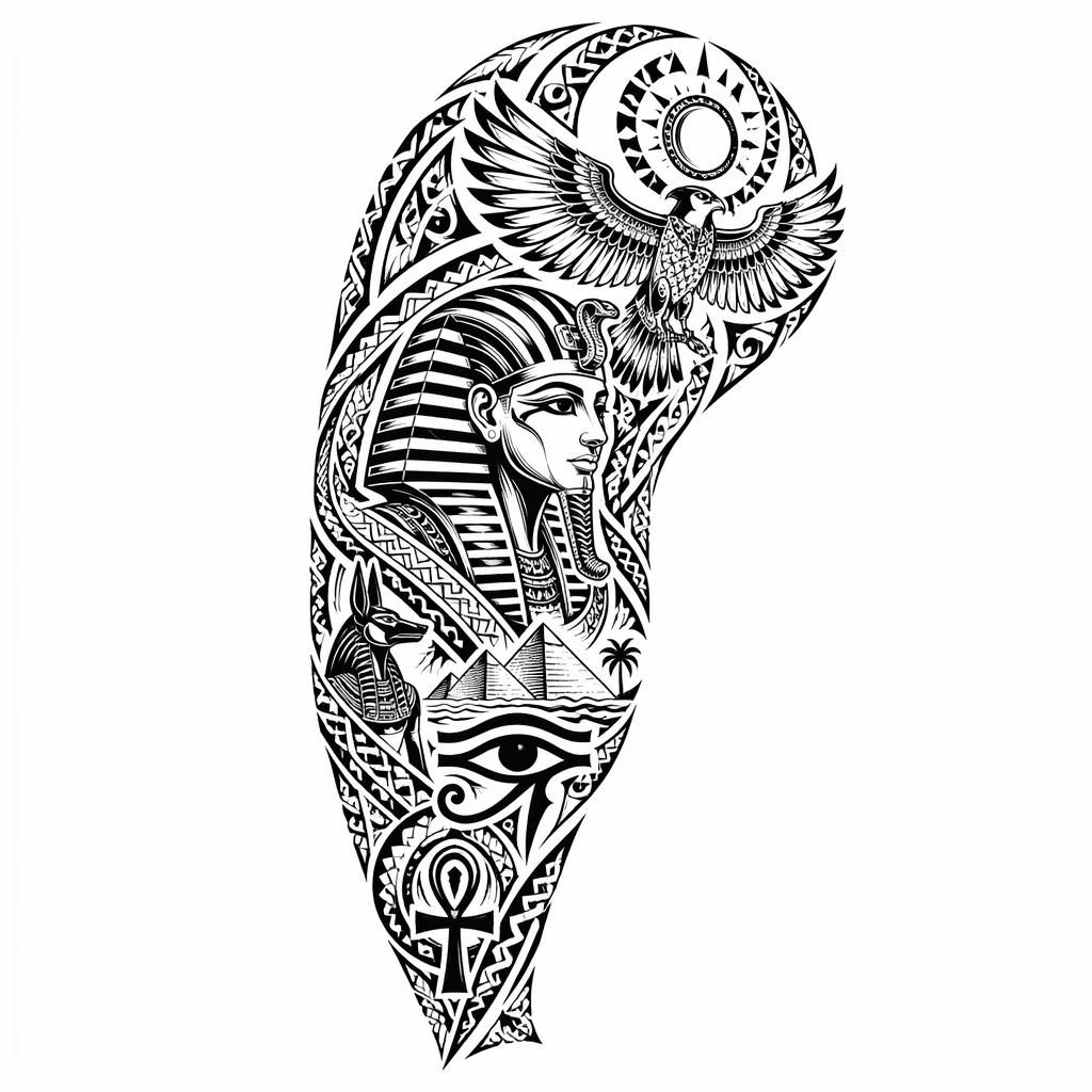 Black ink tattoo design on white paper featuring a tribal Polynesian sleeve in Japanese irezumi style.