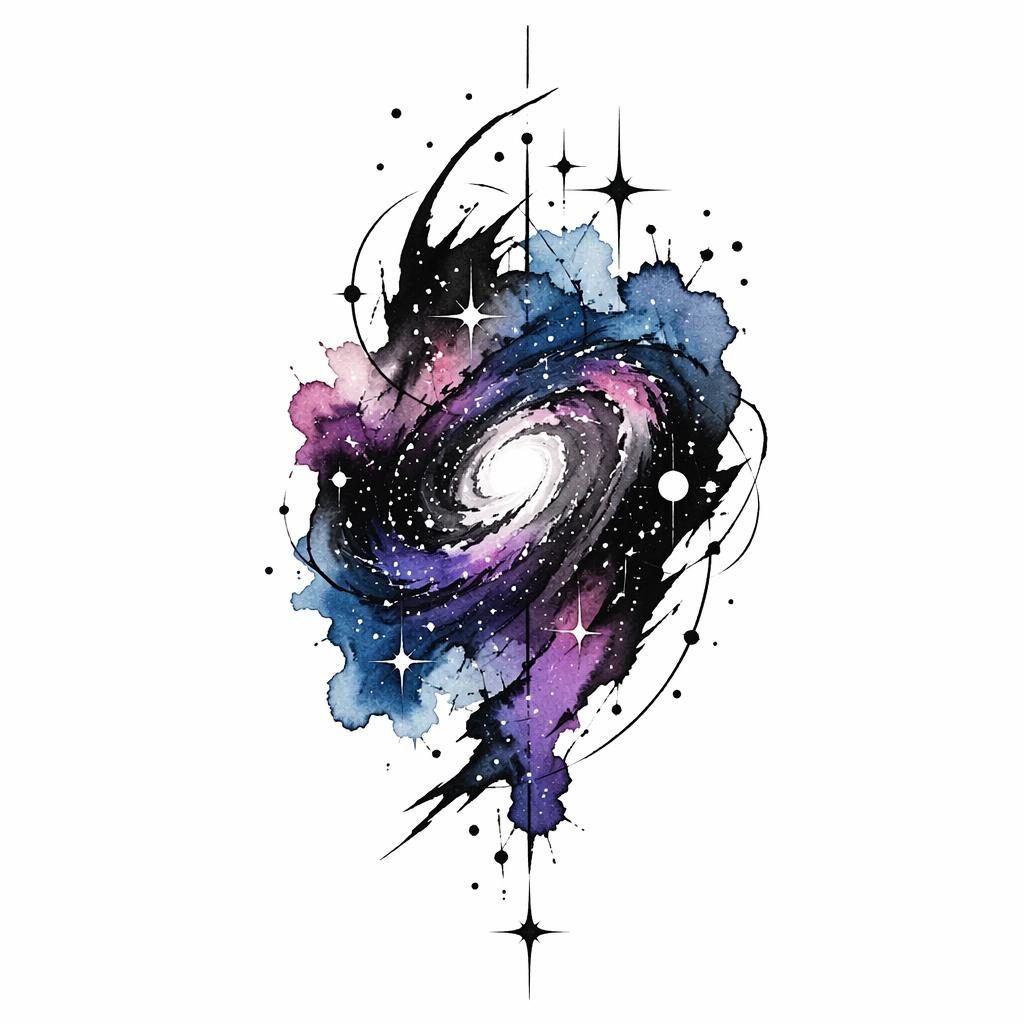 Tattoo flash concept on white paper showing a watercolor abstract galaxy in bold blackwork for an upper arm design.
