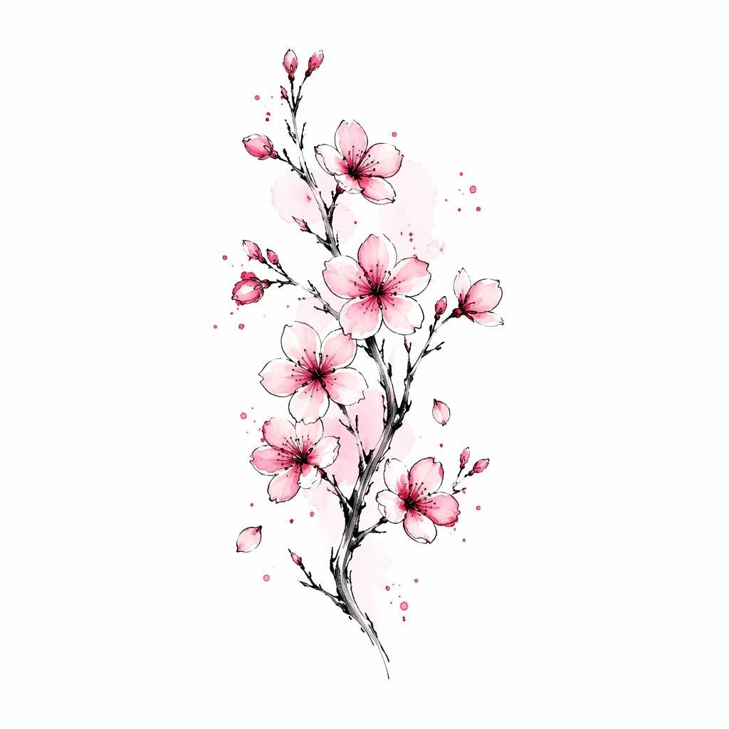 Tattoo-Design auf weißem Papier: Kirschblütenzweig in Aquarell und feinem Linework, cleanes Flash-Sheet.