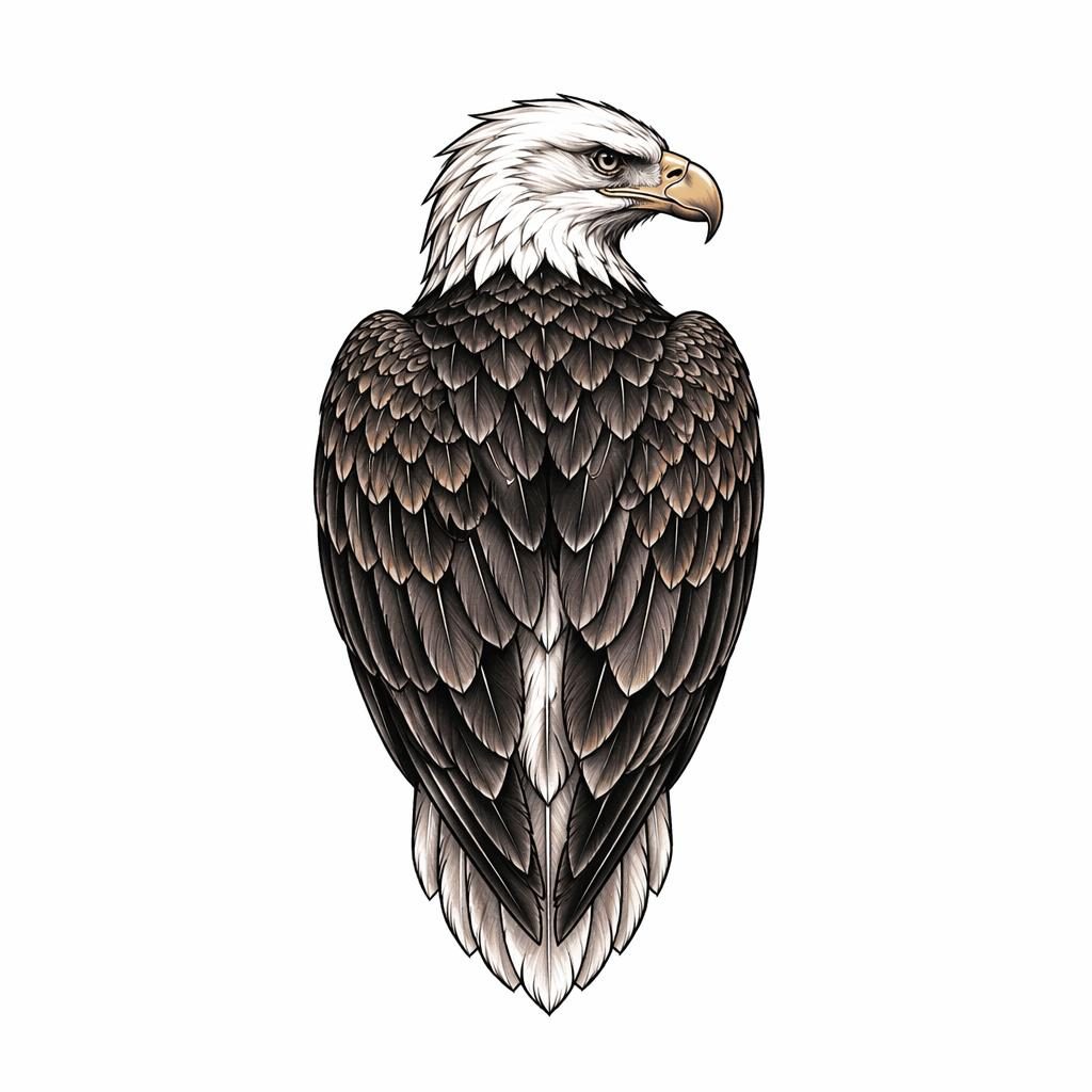 Concept de tattoo d’un aigle traditionnel vu de dos, dessiné sur papier blanc, lignes nettes et contraste fort.