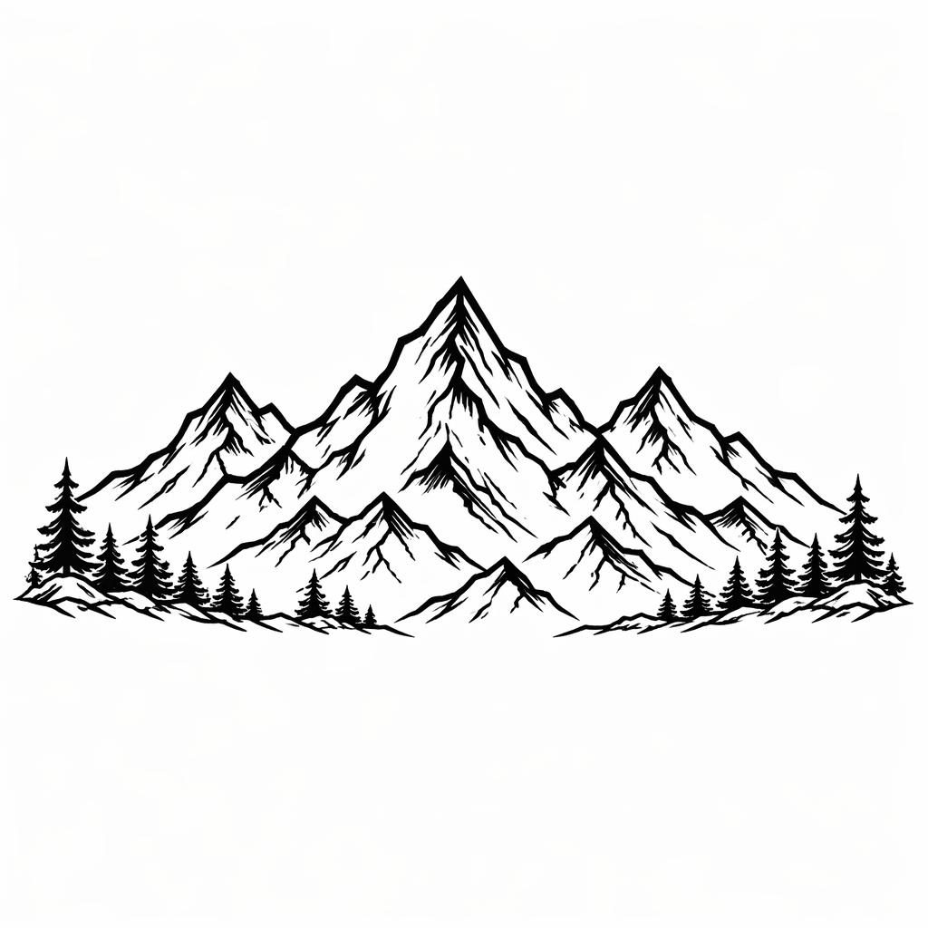 Tattoo-Design auf weißem Papier mit Bergkette in klarer Linework, Traditional-American-Stil, hoher Kontrast