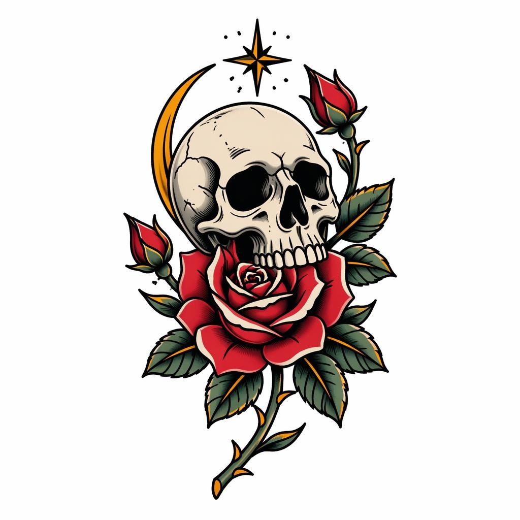 Neo-traditional skull and rose tattoo design on white paper, clean flash-style illustration with sharp high-contrast lines