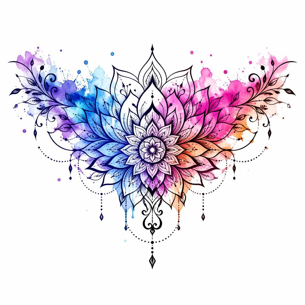 Mandala chest piece tattoo design on white paper with watercolor splash accents, sharp lines, and clean flash-sheet style.