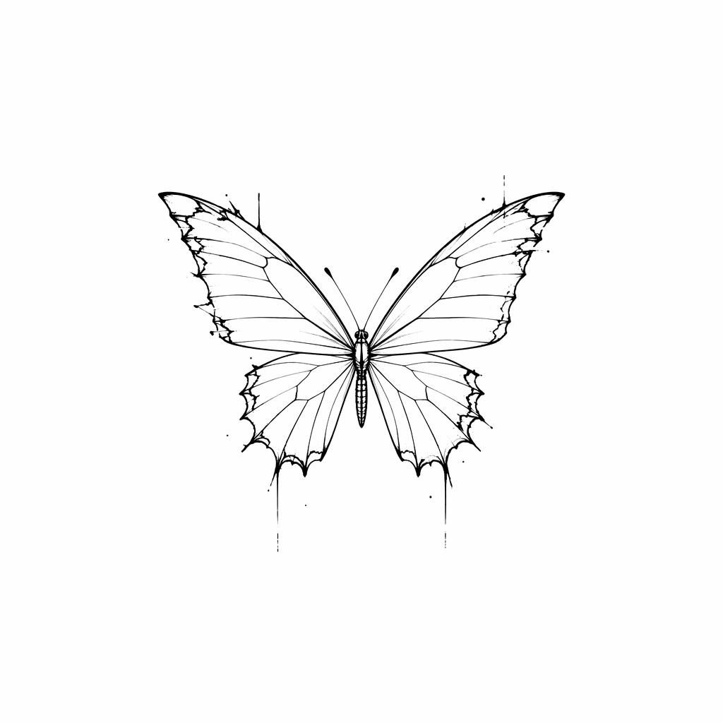 Minimalist fineline butterfly tattoo design on white paper, clean black lines, flash-sheet style, no shading, plain background.