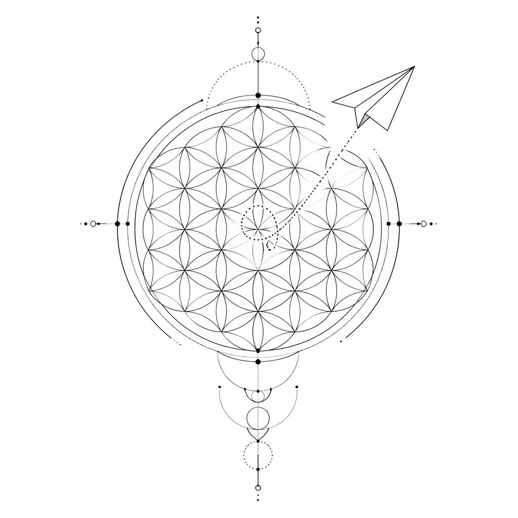 Fineline minimalist tattoo flash of a sacred geometry flower of life on white paper, sharp black lines, plain background.