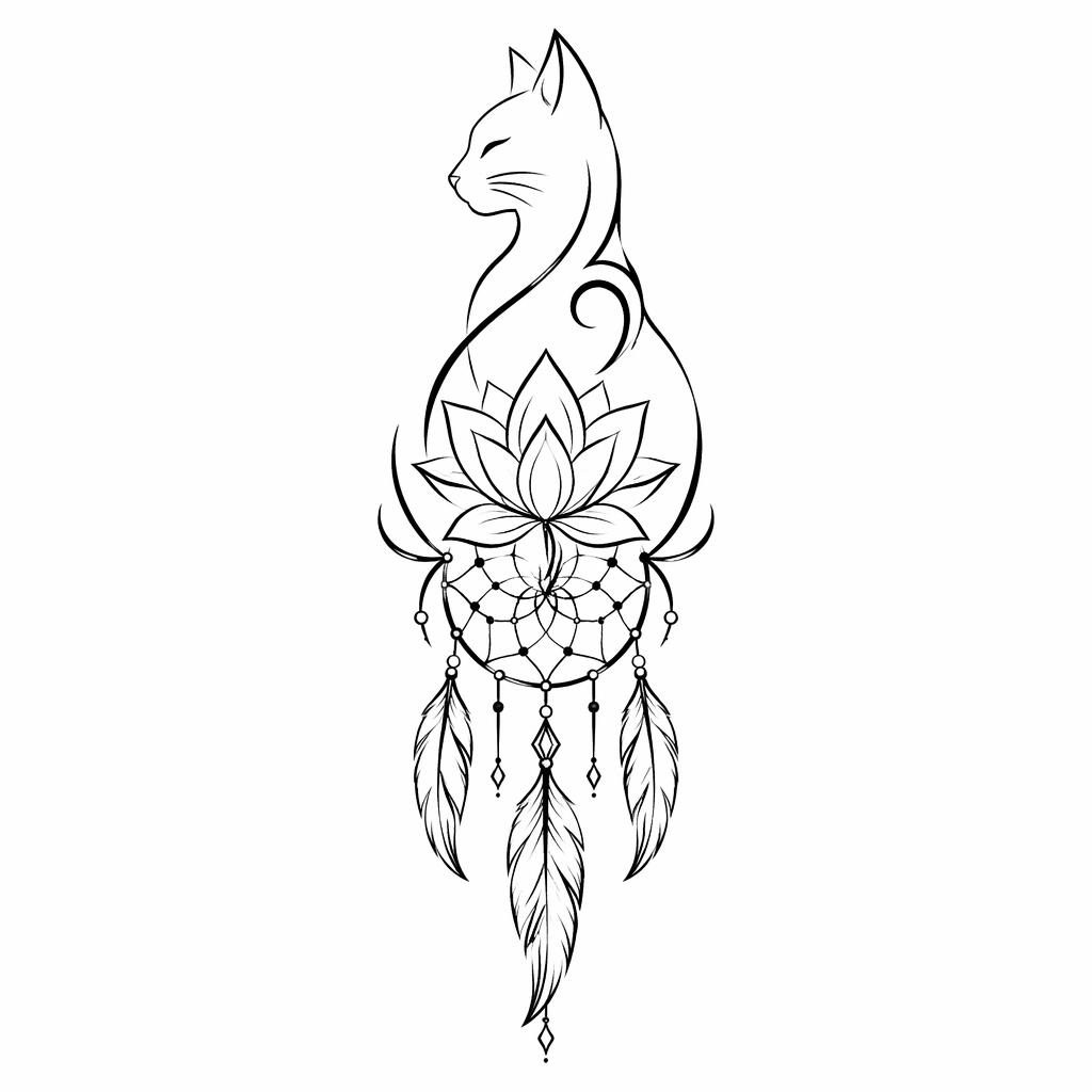 Diseño de tatuaje en papel blanco con contorno minimalista de gato fineline en estilo tribal, líneas negras nítidas.