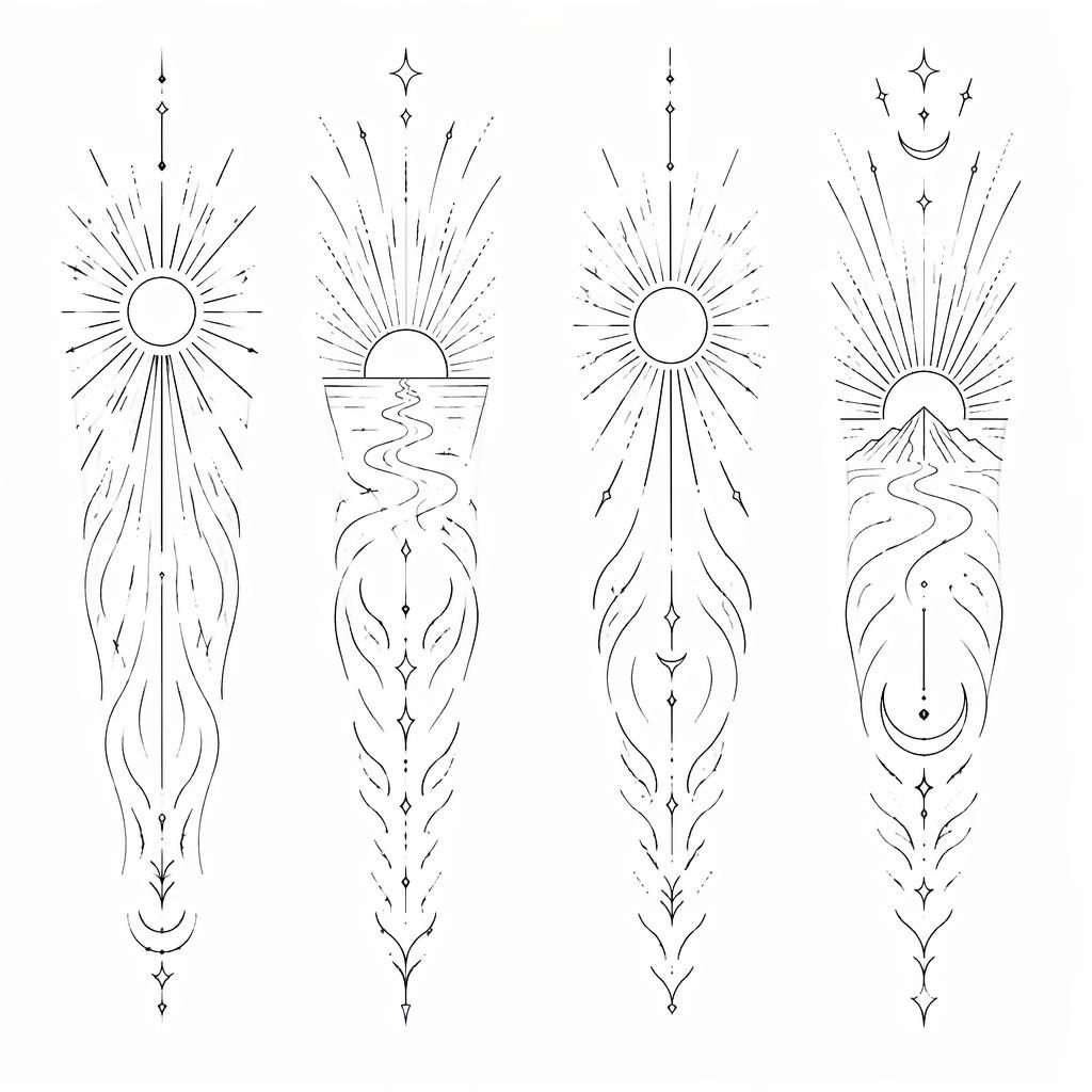 Minimalist fineline tribal sun rays tattoo design on white paper, full sleeve panel layout with sharp black lines.