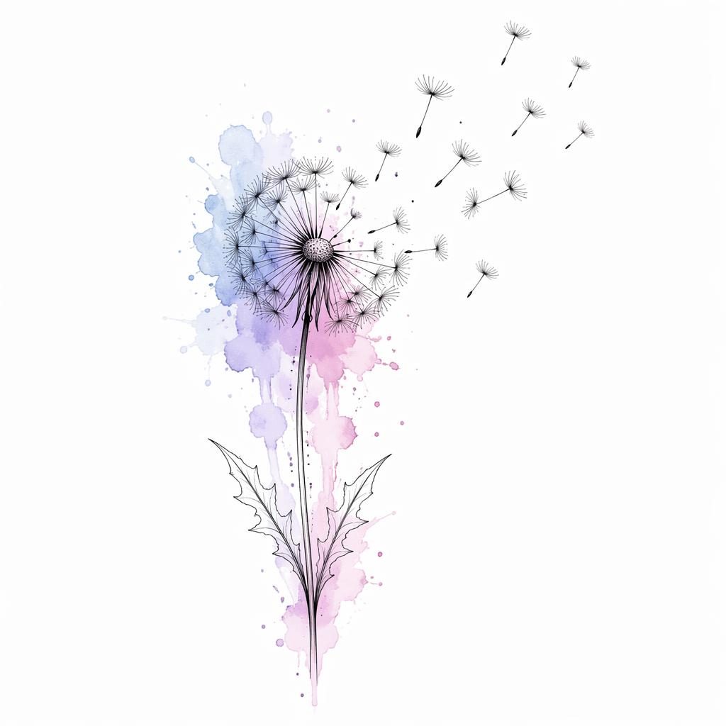 Minimalistischer Fineline-Löwenzahn auf weißem Papier mit Aquarellspritzern, klare Linien, Flashsheet-Tattoo-Design.
