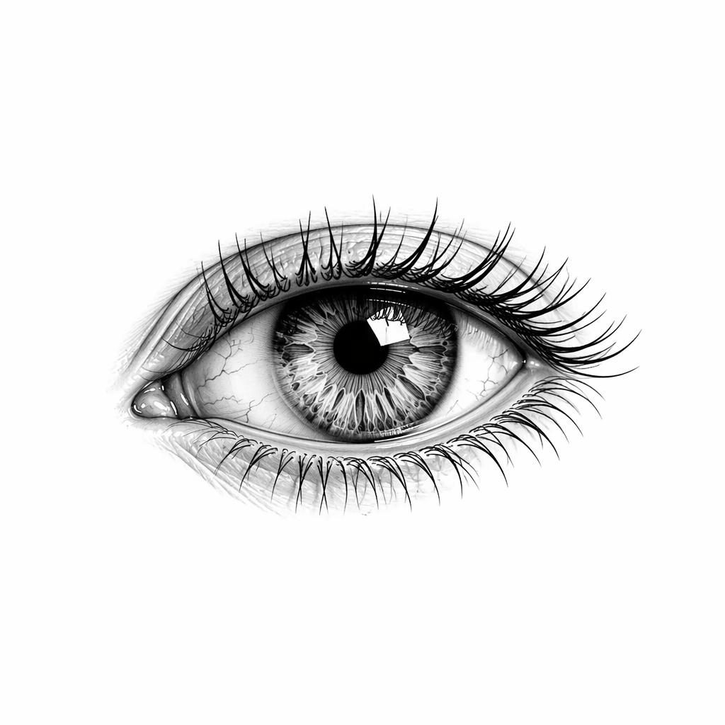 Tattoo flash concept showing a small realism eye macro with script-style detailing on plain white paper.
