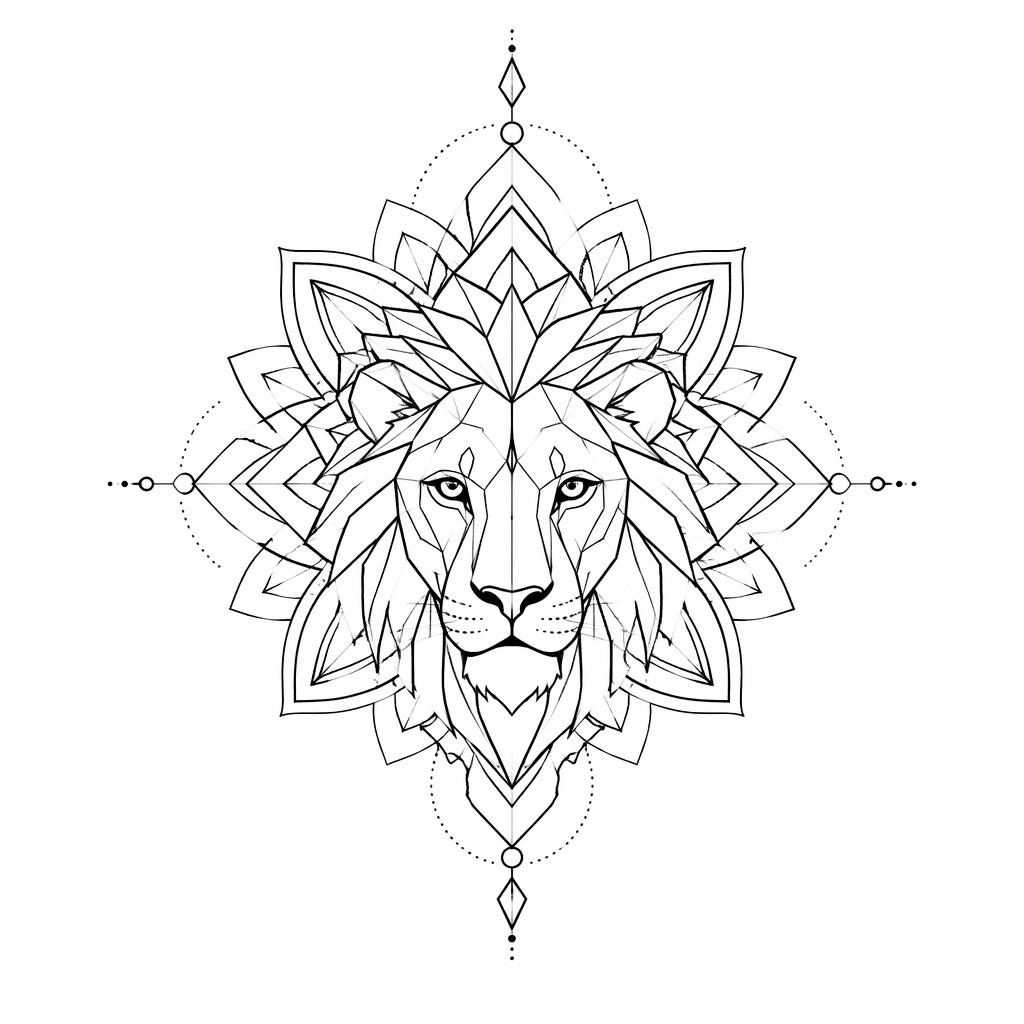 Tattoo-Design auf weißem Papier: geometrisches Mandala-Linework als Chest-Piece, klare schwarze Linien, Flash-Sheet-Stil.