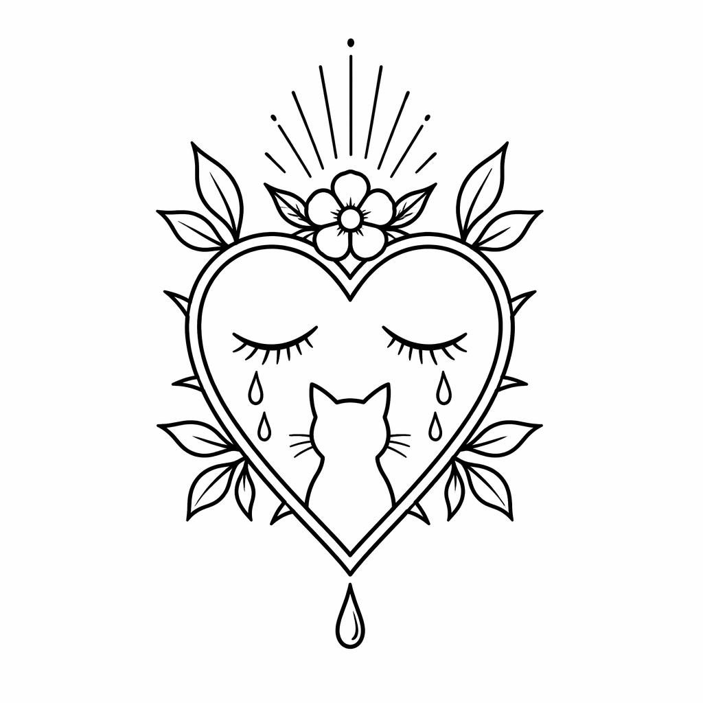 Fineline minimalist crying heart tattoo flash drawn on white paper, clean sharp lines, plain white background.