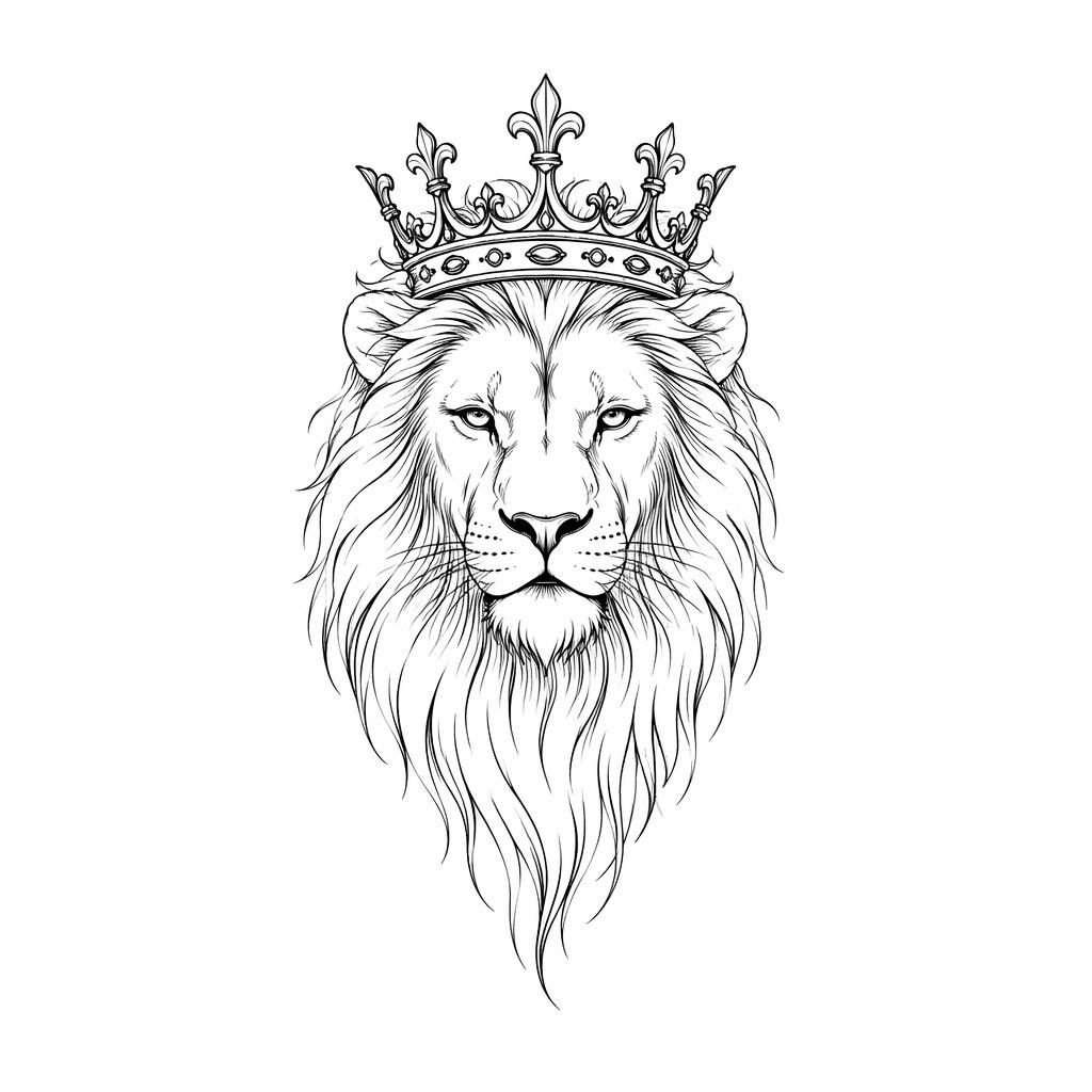 Fineline minimalist tattoo design on white paper showing a lion head with a crown, clean sharp lines, flash-sheet style.