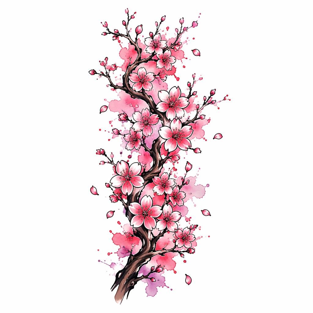 Tattoo-Entwurf auf weißem Papier: Aquarell-Kirschblütenzweig im Traditional-American-Stil, klare Linien, hoher Kontrast.