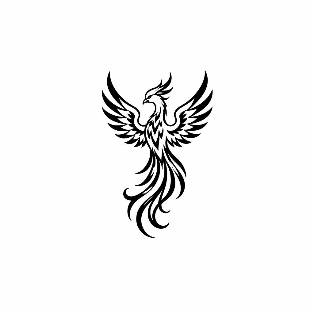 Blackwork Japanese phoenix back tattoo concept on white paper, tiny ankle-sized flash illustration with bold sharp lines.