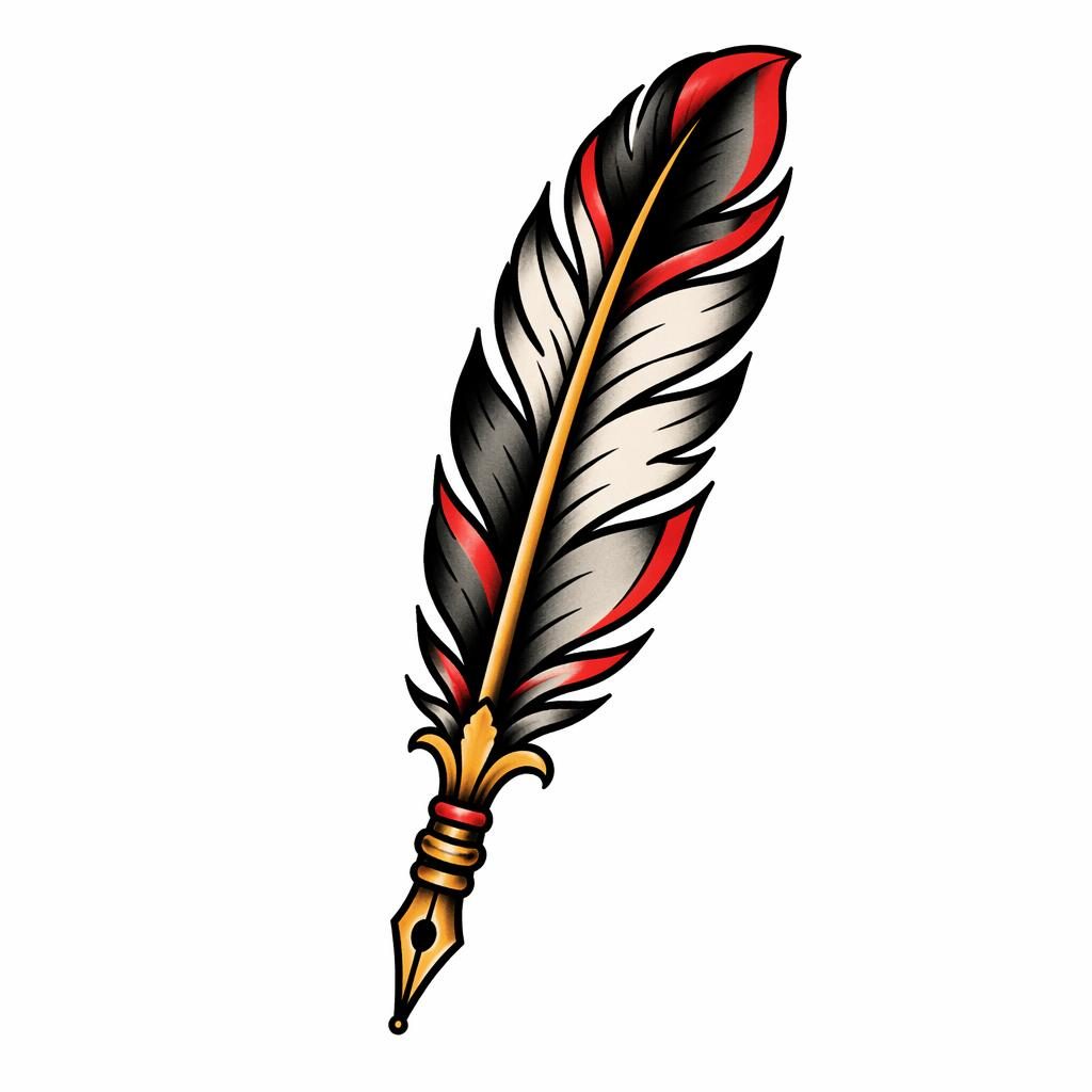 Diseño de tatuaje de pluma estilográfica en papel blanco, estilo traditional americano, pensado para detrás del tobillo.