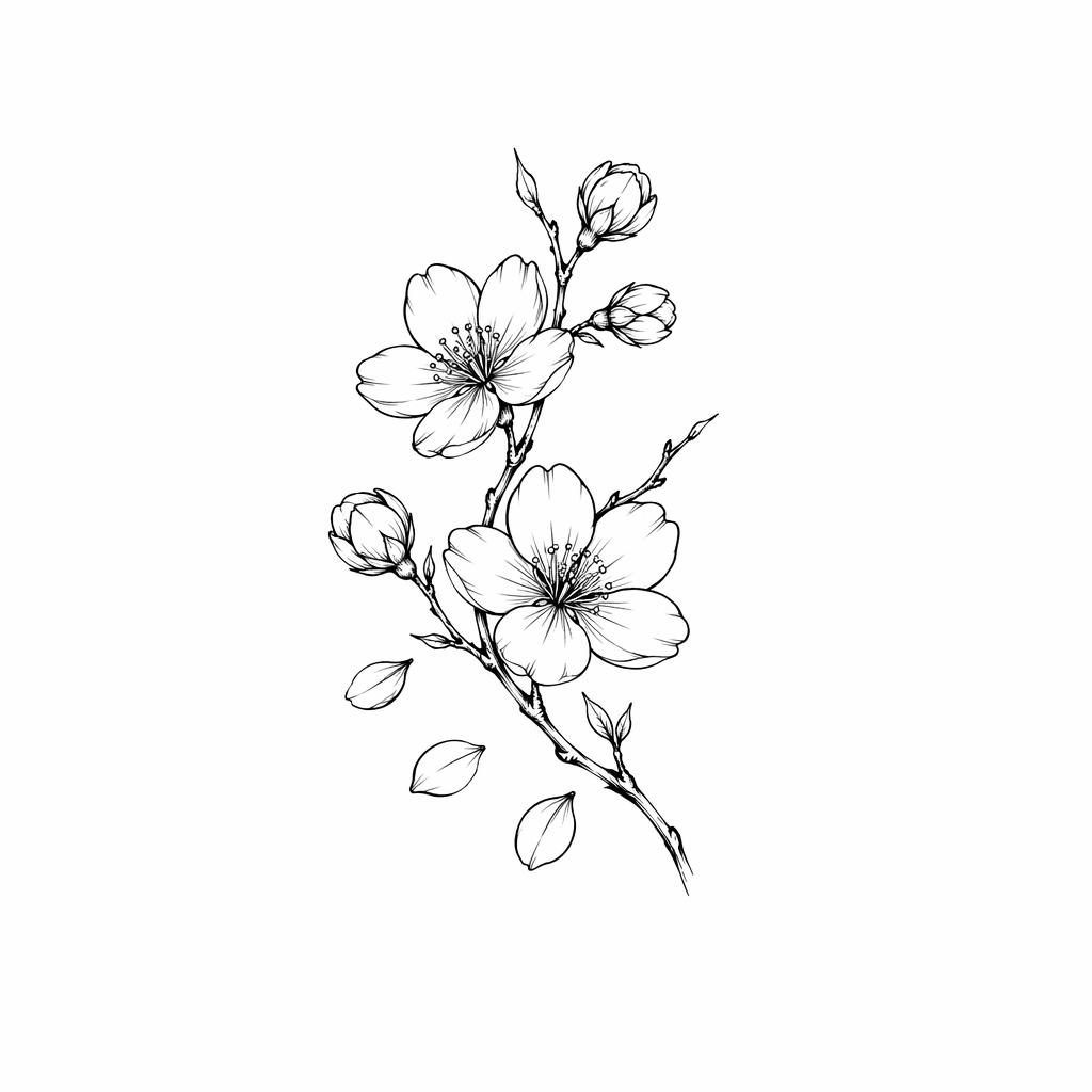 Black linework tattoo design of a Japanese cherry blossom on white paper, clean flash-sheet style, high contrast.