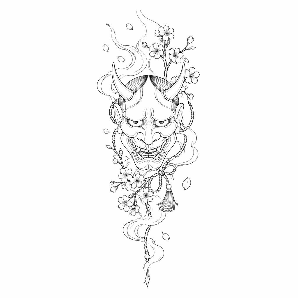 Fineline-Tattooentwurf einer japanischen Hannya-Maske auf weißem Papier, minimalistisch, mit klaren schwarzen Linien.