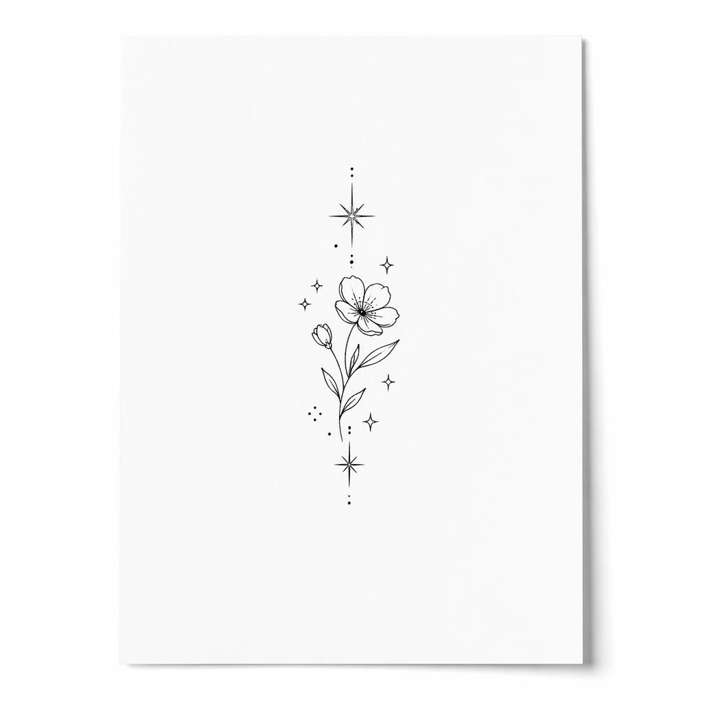 Fineline tijdelijke tattoo ontwerp op wit papier met klein bloem-en-stermotief voor de pols op witte achtergrond