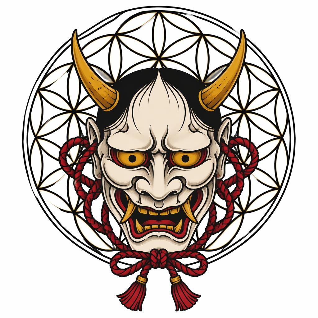 Traditional American tattoo flash concept on white paper featuring a hannya mask with flower of life geometry.