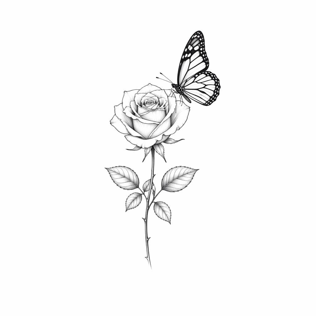 Minimalist fineline rose tattoo design on white paper, clean flash-sheet style with sharp high-contrast lines.
