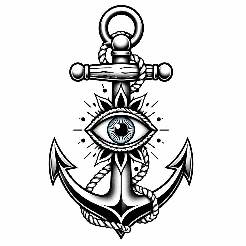 Traditional anchor tattoo design on white paper, clean black lines, flash-sheet style on a plain white background.
