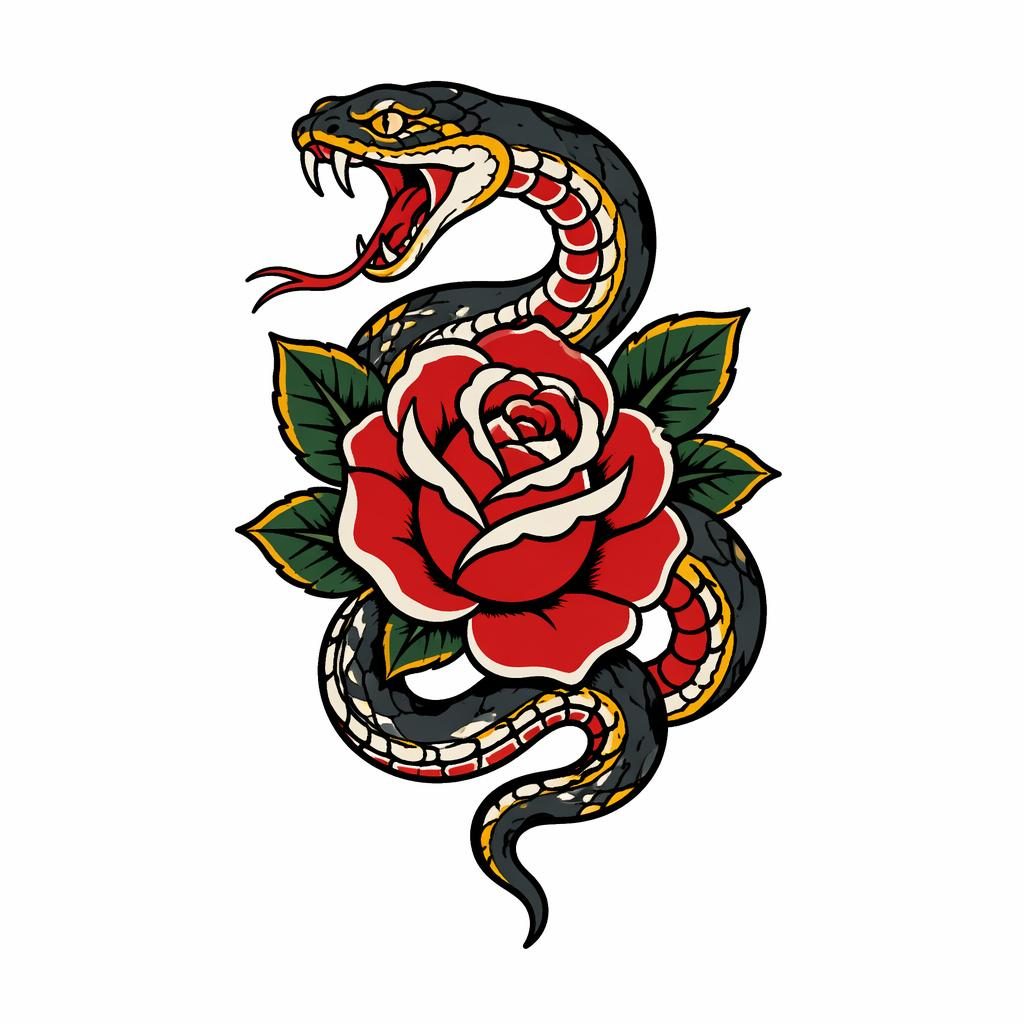 Clean tattoo flash illustration on white paper showing a traditional snake and rose in Japanese irezumi style.
