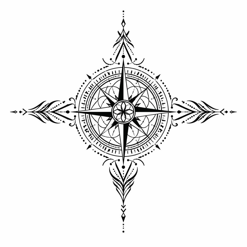 Sacred geometry compass tattoo design on white paper in tribal henna flash style with sharp black lines.
